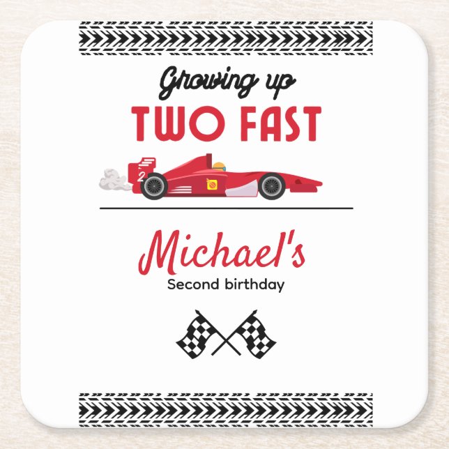 Growing Up Two Fast Red Race Car Boy 2nd birthday  Square Paper Coaster (Front)