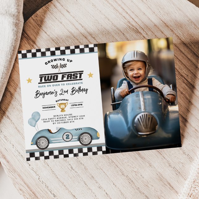Growing Up Two Fast Retro Race Car Birthday Photo Invitation (Creator Uploaded)