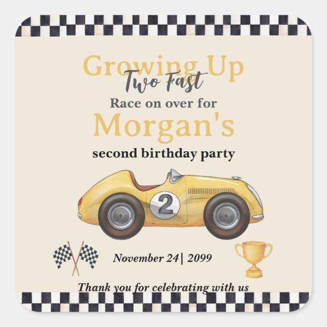 Growing Up Two Fast Yellow Race Car Kids 2nd  Square Sticker (Front)