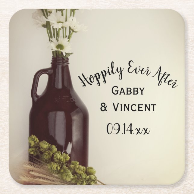 Growler, Hops and Daisies Brewery Wedding Square Paper Coaster (Front)