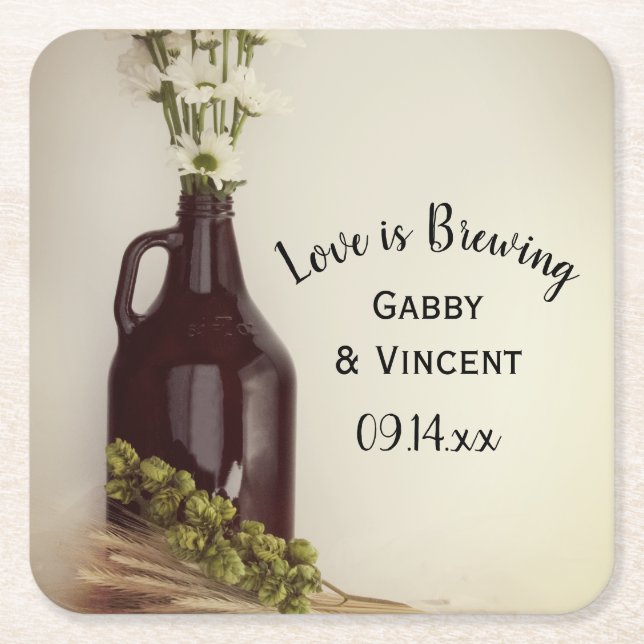 Growler, Hops and Daisies Brewery Wedding Square Paper Coaster (Front)