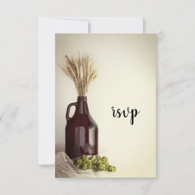 Growler, Hops and Wheat Brewery Wedding RSVP Card (Front)