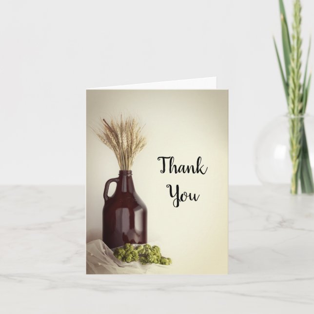 Growler, Hops and Wheat Brewery Wedding Thank You Card (Front)