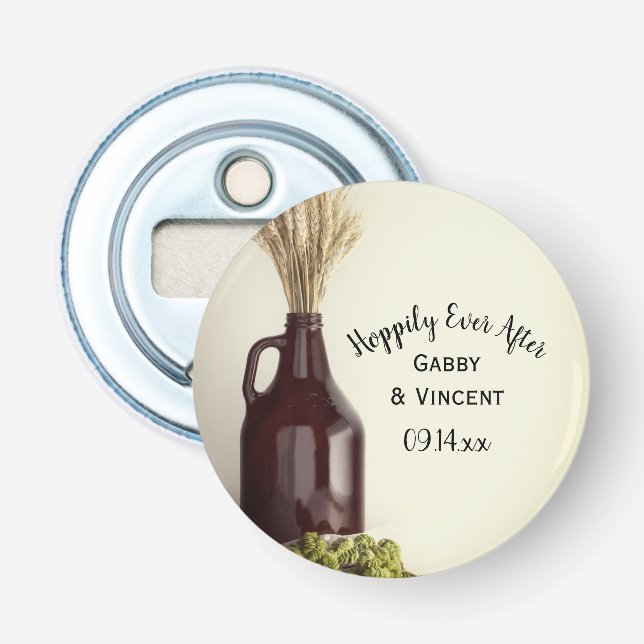 Growler Hops Wheat Hoppily Ever After Wedding Bottle Opener (Front)