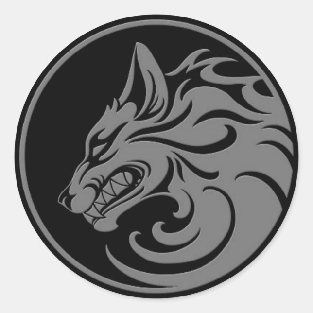 Growling Grey and Black Wolf Circle Classic Round Sticker (Front)