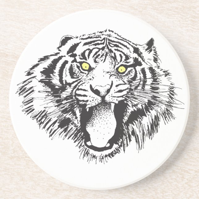 Growling Tiger in Black with Yellow Eyes Coaster (Front)