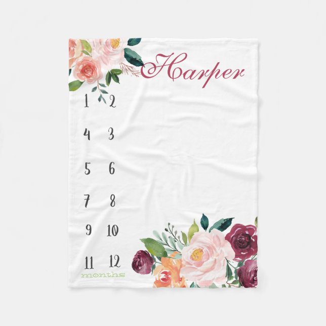 Growth tracker - Boho watercolor with roses Fleece Blanket (Front)