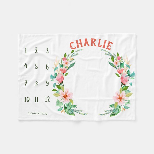 Growth tracker - Girl milestone watercolor Fleece Blanket (Front (Horizontal))