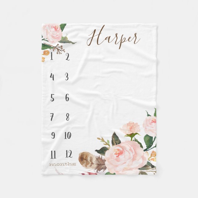 Growth tracker - Milestone - Boho watercolor Fleece Blanket (Front)