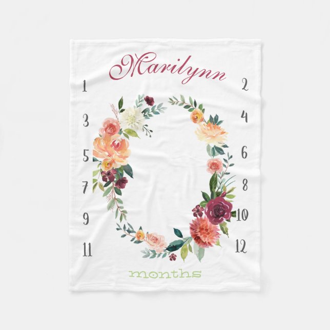 Growth tracker - Milestone watercolor flowers with Fleece Blanket (Front)