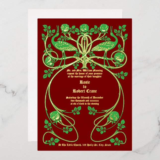 Grues Art Nouveau en Faire-part de mariage Rose Bu (Recto/Verso)