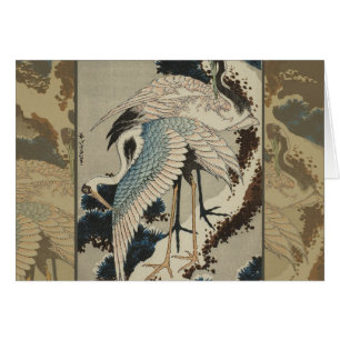 Grues sur un pin couvert de neige Hokusai