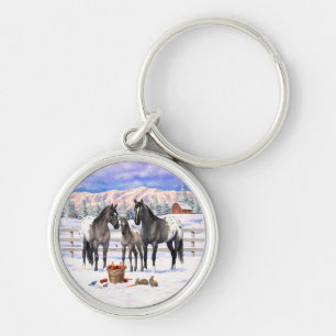 Grulla Grey Appaloosa Horses On A Farm In Snow Keychain