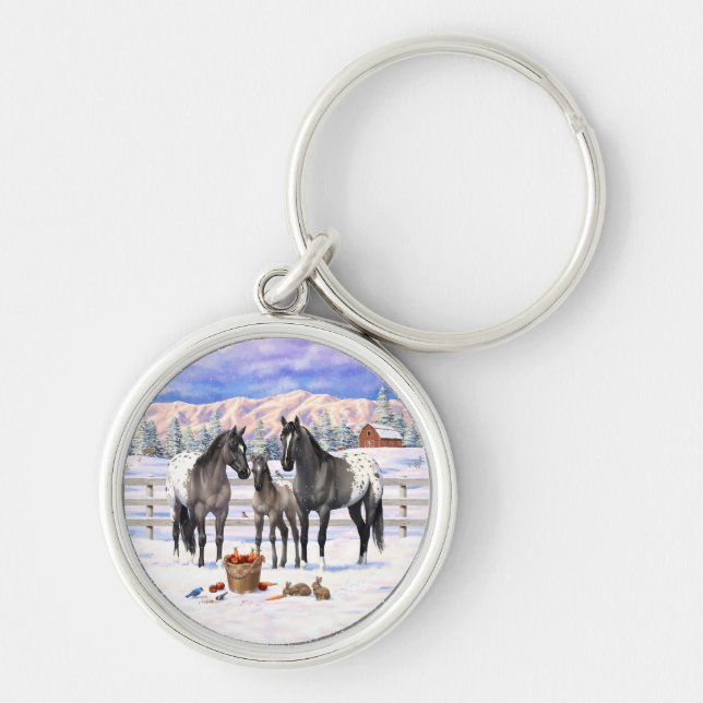 Grulla Grey Appaloosa Horses On A Farm In Snow Keychain (Front)