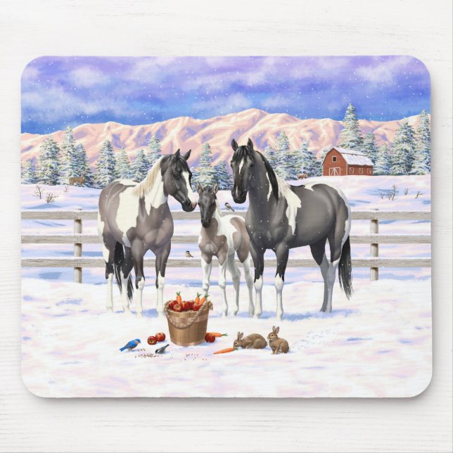 Grulla Pinto Grey Paint Horses on a Winter Farm Mouse Pad (Front)