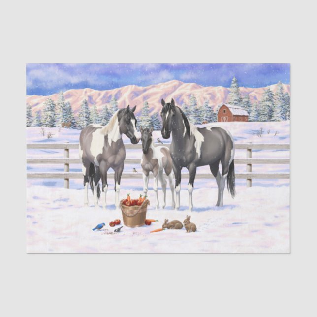 Grulla Pinto Grey Paint Horses on a Winter Farm Tissue Paper (Front)
