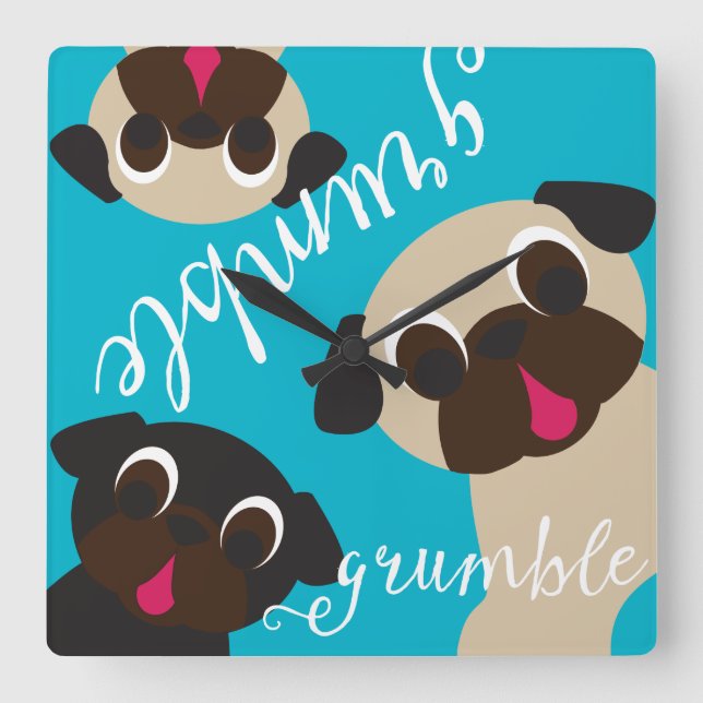 Grumble, Grumble Pug Wall Clock - 2 Fawn, 1 Black (Front)