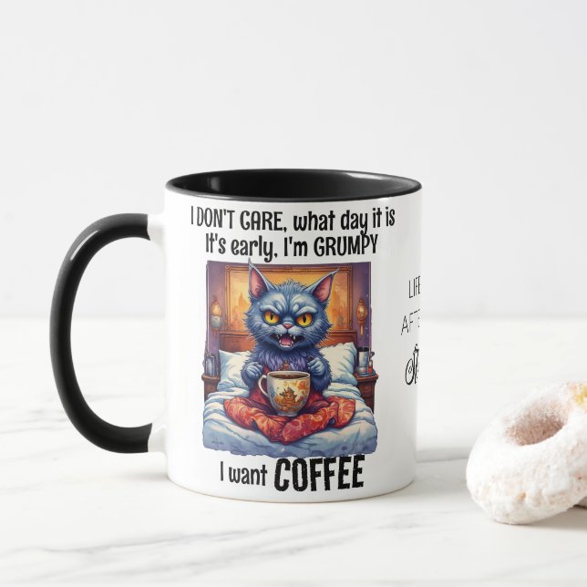 Grumpy Angry Cat Drinking Coffee Quote Mug (With Donut)