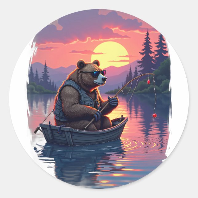 Grumpy Bear Fishing Camping Sunset Vaporwave Retro Classic Round Sticker (Front)