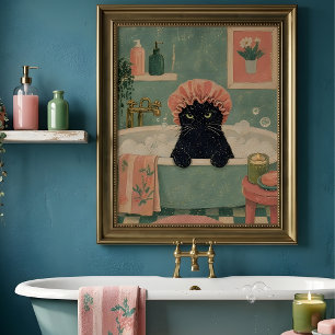 Grumpy Black Cat Bath Time Retro Vintage Art  Poster