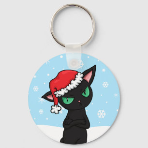 Grumpy Black Cat wearing Santa Hat Keychain