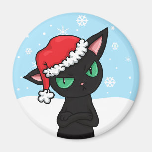 Grumpy Black Cat wearing Santa Hat Magnet