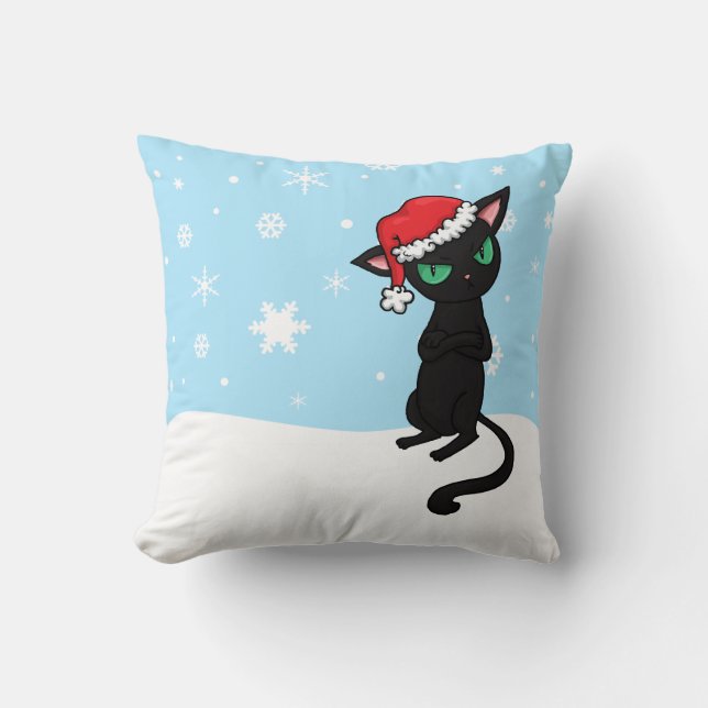 Grumpy Black Cat wearing Santa Hat Throw Pillow (Front)