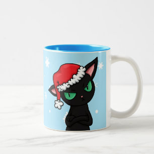 Grumpy Black Cat wearing Santa Hat Two-Tone Coffee Mug