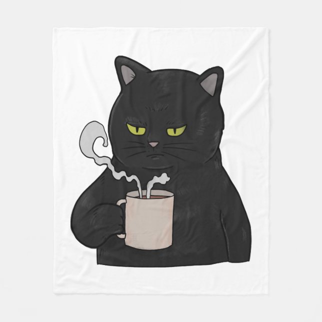 Grumpy Black Cat with Coffee Morning Grouch Fleece Blanket (Front)