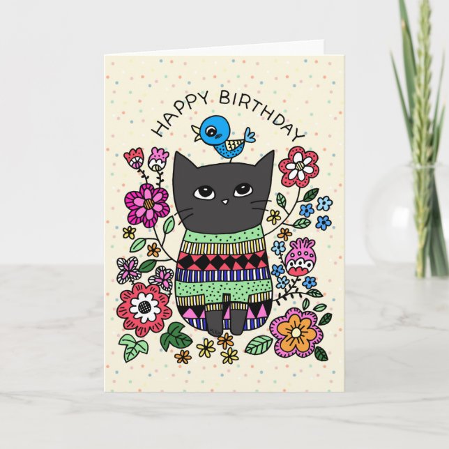 Grumpy Black Cat with little bluebird birthday  Card (Front)