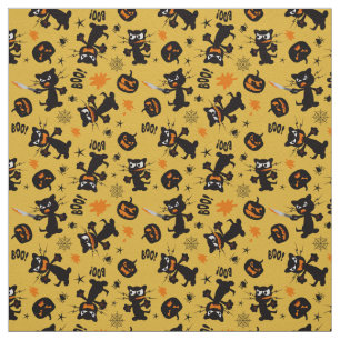 Grumpy Black Halloween Cats and Spooky Pumpkins Fabric