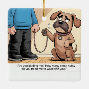 Grumpy Brown Dog Funny Walking Cartoon Ceramic Ornament