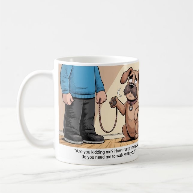 Grumpy Brown Dog Funny Walking Cartoon Coffee Mug (Left)