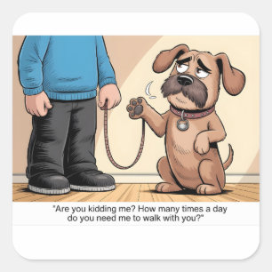 Grumpy Brown Dog Funny Walking Cartoon Square Sticker