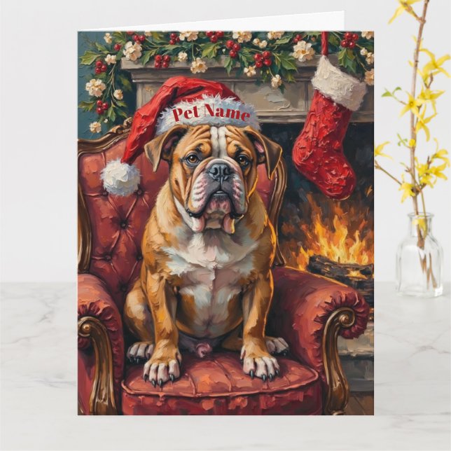 Grumpy Bulldog Christmas Hat on Velvet Chair Card (Yellow Flower)