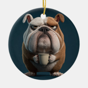 Grumpy Bulldog Coffee – Funny Dog Art Ceramic Ornament
