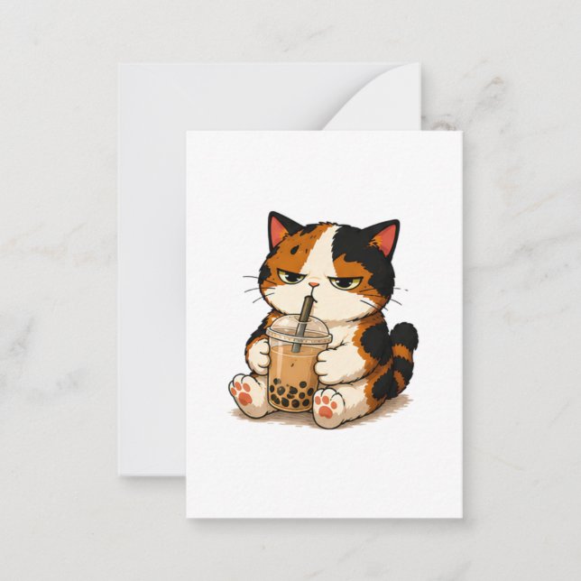 Grumpy Calico Cat Bubble Tea  Card (Front)