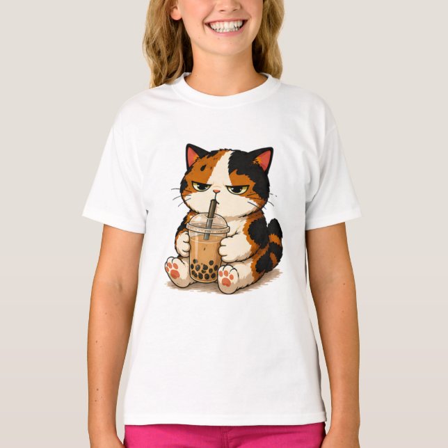 Grumpy Calico Cat Bubble Tea  T-Shirt (Front)