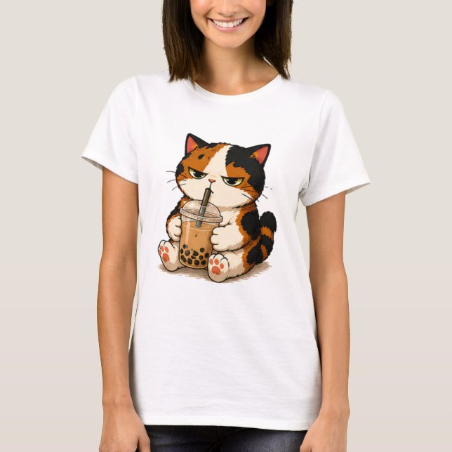 Grumpy Calico Cat Bubble Tea  T-Shirt (Front)