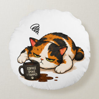 Grumpy Calico Cat - Coffee spoke Round Pillow
