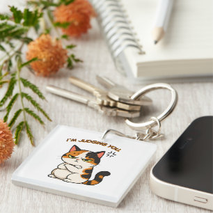 Grumpy Calico Cat - i`m judging you Keychain