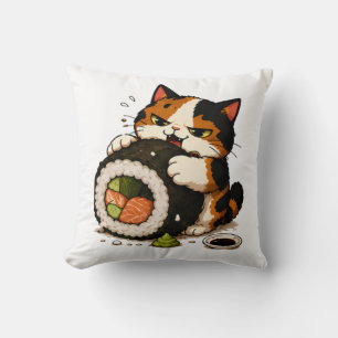 Grumpy Calico Cat Sushi Lover Throw Pillow