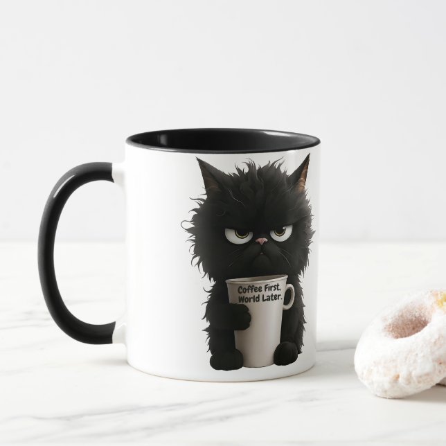 Grumpy Cat Coffee Mood T-Shirt Funny Black Fluffy  Mug (With Donut)