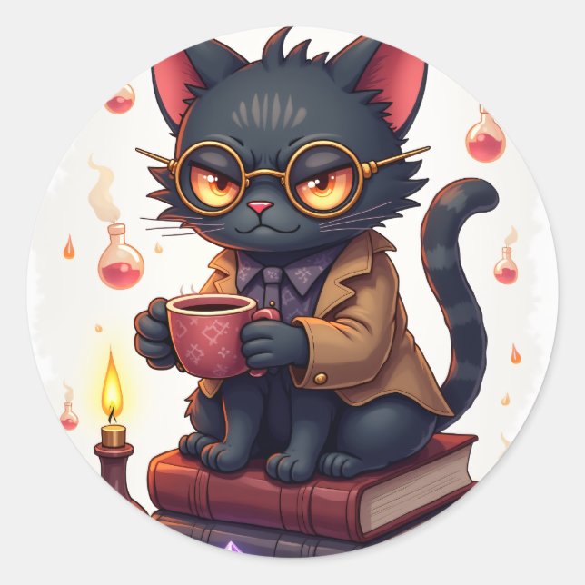 Grumpy Cat Dark Academia Reader Bookworm Gothic Li Classic Round Sticker (Front)
