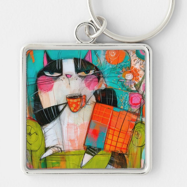 Grumpy Cat Drinking Coffee In Armchair Keychain (Front)