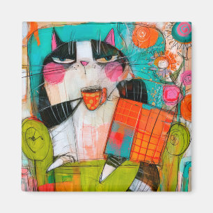 Grumpy Cat Drinking Coffee In Armchair Magnet