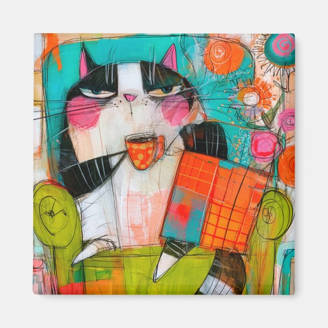 Grumpy Cat Drinking Coffee In Armchair Magnet (Front)
