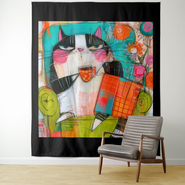 Grumpy Cat Drinking Coffee In Armchair Tapestry (In Situ)