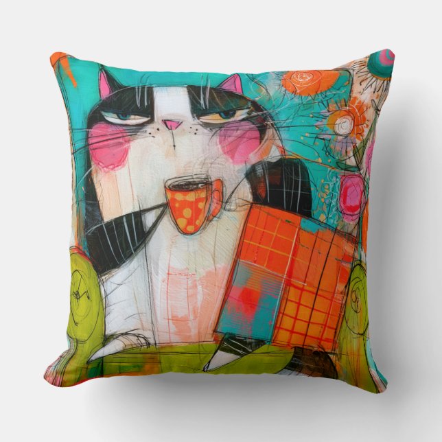 Grumpy Cat Drinking Coffee In Armchair Throw Pillow (Front)