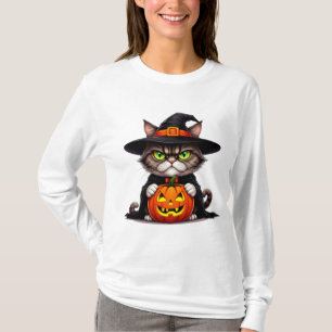 Grumpy Cat In Witch Costume With Pumpkin 🎃 T-Shirt